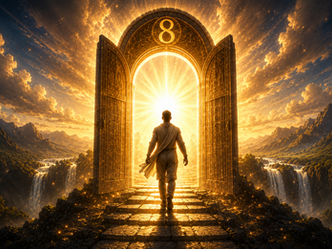 Radiant figure ascending through a glowing eighth gateway surrounded by light, sacred geometric patterns, and flowing heavenly energy symbolizing resurrection, transcendence, renewal of the mind, and awakening into a higher way of thinking.