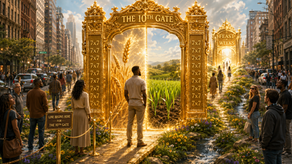 The 10th Gate stands at the completion of seven sevens — the mirror before manifestation. One reflection reveals mature wheat prepared for harvest, while the other reveals unfinished growth still requiring transformation. The Completion Gate asks every soul: What has truly changed within you during these cycles with Yahweh?