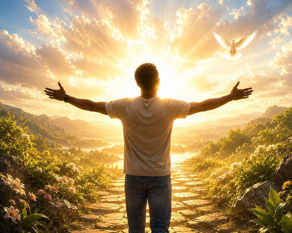Person rising from darkness into radiant light with broken chains falling away, symbolizing spiritual resurrection, awakening consciousness, renewal, and emerging from fear and lower patterns into divine alignment