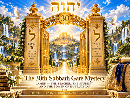 Magnificent golden Sabbath Gate marked 30, with two Lamed symbols, Yahweh's name above, radiant pathways, waterfalls, white doves, and the theme of the Teacher, the Student, and the Power of Instruction.