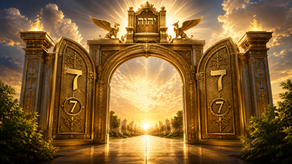 Radiant golden 22nd Sabbath Gate beneath the Tetragrammaton יהוה, featuring the Hebrew letter Zayin (ז) and the number seven engraved on both sides, representing The 22nd Sabbath Gate Mystery: Why Seven?