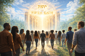 A group of men and women walking in unity toward a radiant glowing “Fifth Gate” under the divine name יהוה, while non-African American onlookers stand on the sides watching them pass by in a different direction, symbolizing spiritual alignment with Yahweh’s appointed time versus walking outside divine order.