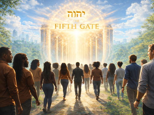 A group of men and women walking in unity toward a radiant glowing “Fifth Gate” under the divine name יהוה, while non-African American onlookers stand on the sides watching them pass by in a different direction, symbolizing spiritual alignment with Yahweh’s appointed time versus walking outside divine order.