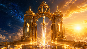A magnificent golden Sabbath Gate with a radiant sword standing before it between darkness and brilliant light.