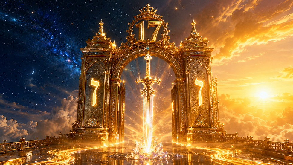 A magnificent golden Sabbath Gate with a radiant sword standing before it between darkness and brilliant light.