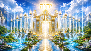 Heavenly Gate Number 12 is surrounded by living water, gardens, and radiant light symbolizing restoration, renewal, and Sabbath peace.