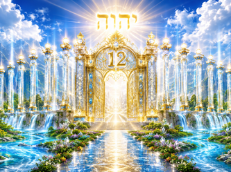 Heavenly Gate Number 12 is surrounded by living water, gardens, and radiant light symbolizing restoration, renewal, and Sabbath peace.