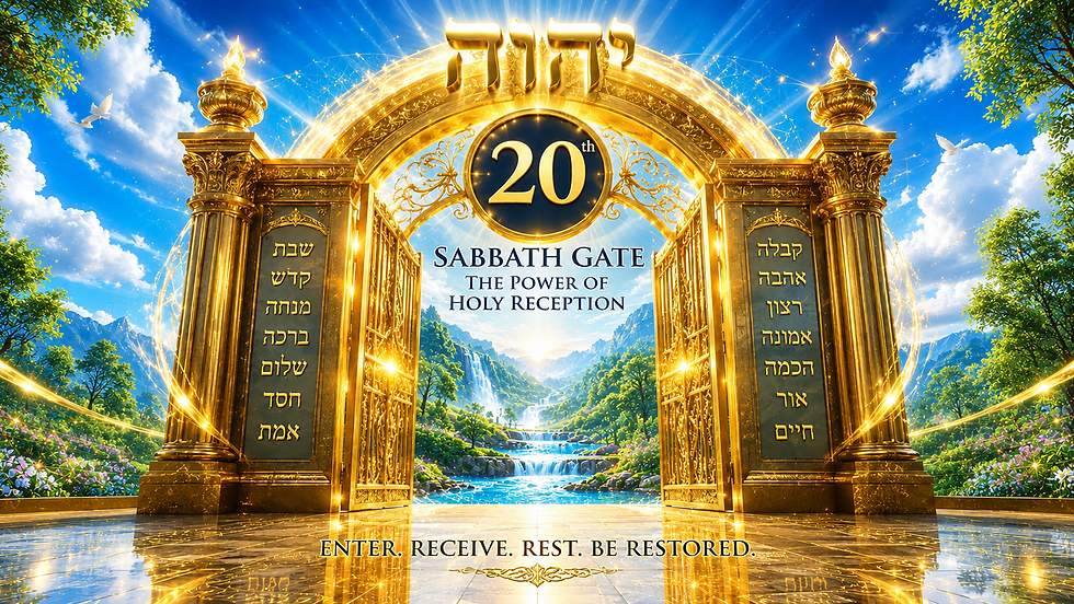 A magnificent golden gateway marked "20th Sabbath Gate: The Power of Holy Reception," crowned with the Tetragrammaton above the entrance. Beyond the open gates are crystal-blue rivers, lush green trees, majestic mountains, brilliant blue skies, and radiant sunlight, symbolizing Yahweh's holy invitation to receive His blessings through the Sabbath.