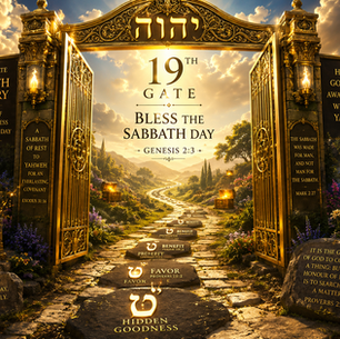 Hero banner for the 19th Sabbath Gate showing a magnificent golden gate crowned with the Hebrew name יהוה (Yod-Heh-Waw-Heh) and the number 19. A radiant pathway beyond the gate is marked with glowing Hebrew Tet symbols, representing hidden goodness, and leads toward a glorious kingdom landscape. Treasure chests filled with gold and precious jewels are hidden along the path, symbolizing the blessings concealed within the Sabbath. The scene reflects Genesis 2:3, illustrating Yahweh's blessing and sanctification of the seventh day as a sacred appointment filled with divine favor, prosperity, enrichment, and covenant blessings.
