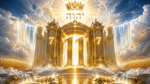 Majestic heavenly golden Gate Number 11 beneath the radiant Tetragrammaton יהוה and crown of light, with waterfalls flowing through clouds, glowing sevens on each pillar representing the 77th Day, and rivers of living water symbolizing completion, mastery, and Sabbath rest.