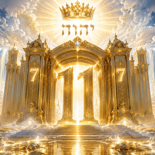 Majestic heavenly golden Gate Number 11 beneath the radiant Tetragrammaton יהוה and crown of light, with waterfalls flowing through clouds, glowing sevens on each pillar representing the 77th Day, and rivers of living water symbolizing completion, mastery, and Sabbath rest.