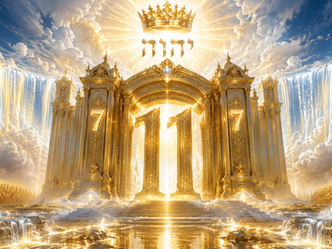 Majestic heavenly golden Gate Number 11 beneath the radiant Tetragrammaton יהוה and crown of light, with waterfalls flowing through clouds, glowing sevens on each pillar representing the 77th Day, and rivers of living water symbolizing completion, mastery, and Sabbath rest.