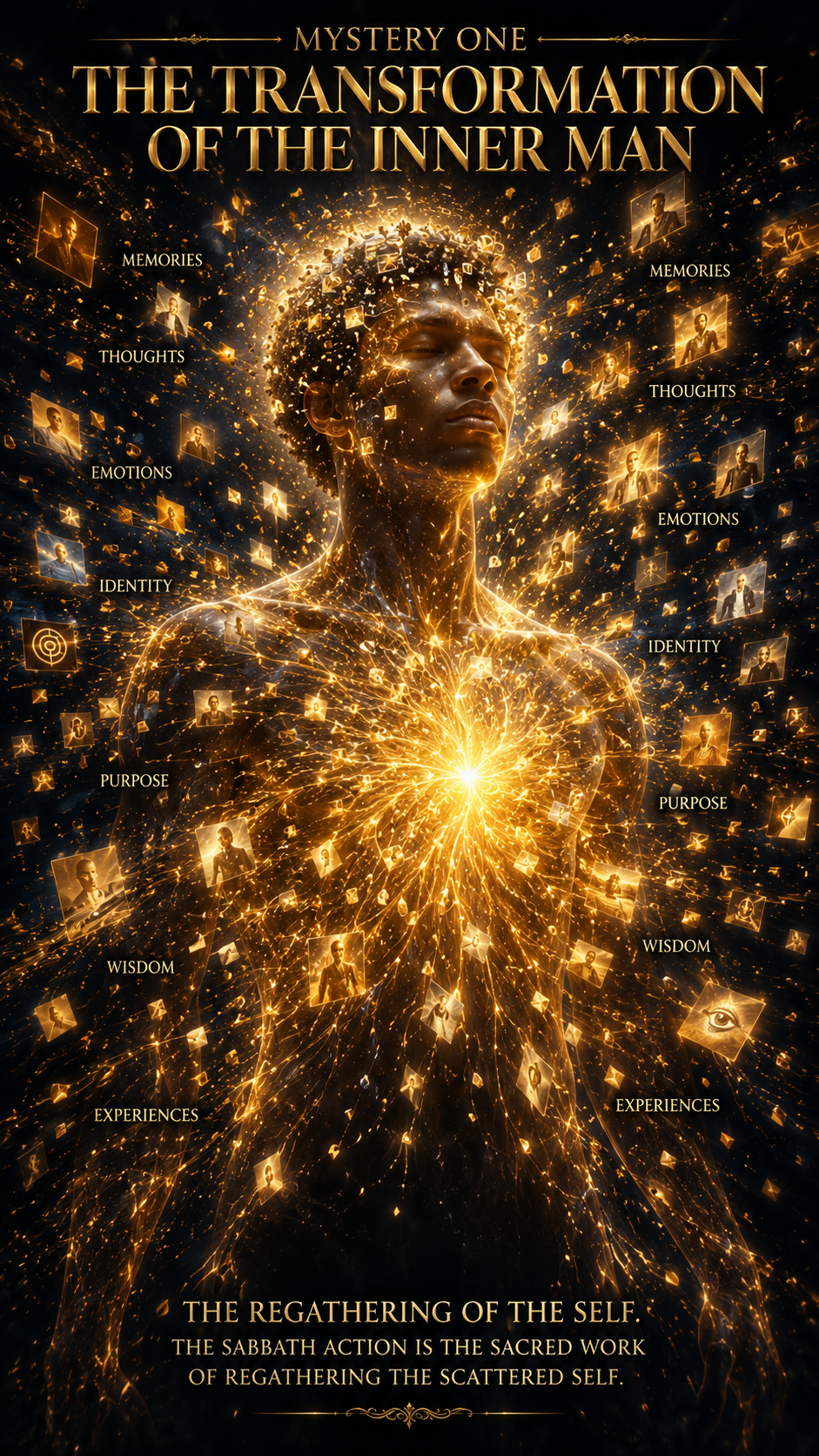 A cinematic 9:16 image showing an Afro-Asiatic person made of radiant golden light surrounded by hundreds of glowing fragments representing memories, thoughts, emotions, identity, purpose, wisdom, and experiences. Streams of light are being drawn back into the person's body and heart, symbolizing the regathering of the scattered self. The image is titled “Mystery One: The Transformation of the Inner Man” with the subtitle “The Regathering of the Self,” illustrating the Sabbath Action as the sacred work of restoration, renewal, and transformation.