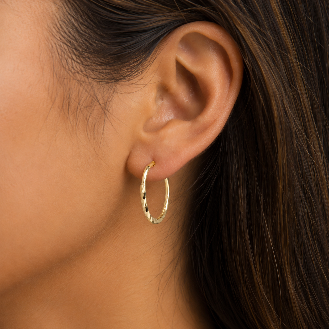 14k Solid Yellow Gold Diamond cut Endless tube Hoops earrings