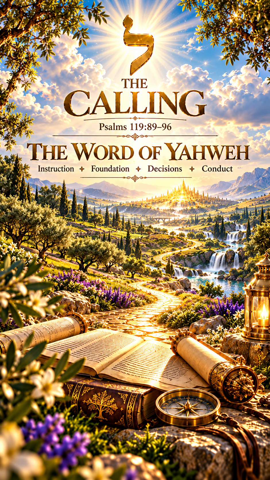 Radiant Hebrew letter Lamed above The Calling and Psalm 119:89–96, with The Word of Yahweh and the words Instruction, Foundation, Decisions, and Conduct overlooking a beautiful green valley. An open Bible, scrolls, and golden compass symbolize divine direction.