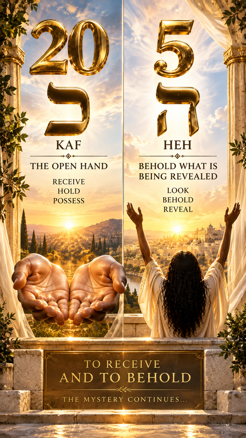 Hebrew letters Kaf and Heh representing 20 and 5, with open hands symbolizing receiving and raised hands symbolizing beholding what is revealed.