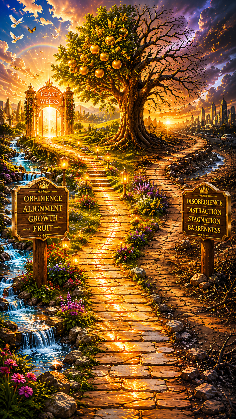 A cinematic golden “10th Gate” standing in the middle of a busy city street, embossed with repeating seven-sevens, reflecting two forms of wheat — one mature and glowing, the other green and unfinished — while people stand in line on a radiant flower-lined pathway leading toward a distant “Feast of Weeks” gate.