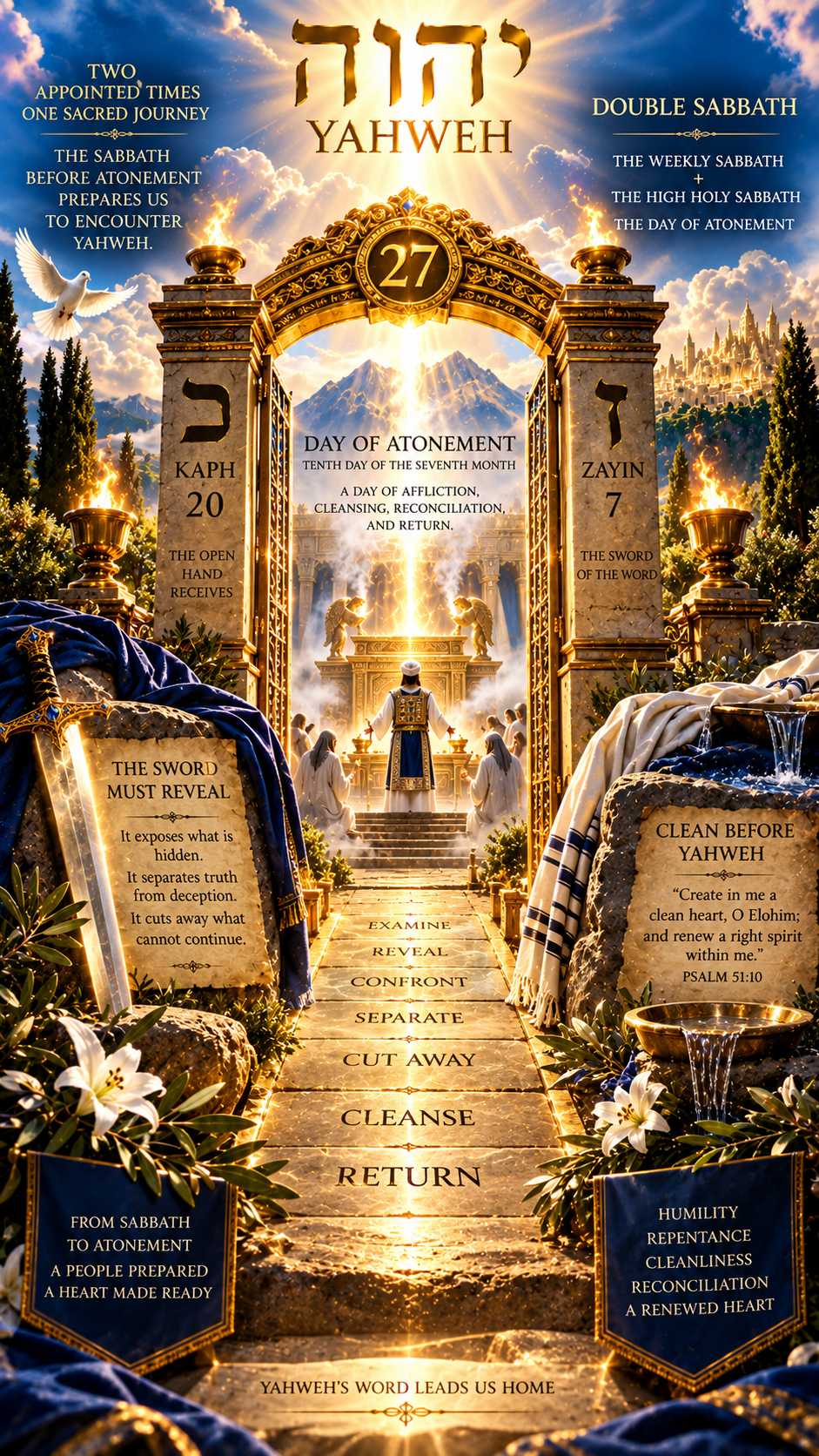 The 27th Sabbath Gate leading into the Day of Atonement, the tenth day of the seventh month, portraying the Double Sabbath, examination, revealing, confronting, cleansing, repentance, reconciliation, and return before Yahweh.