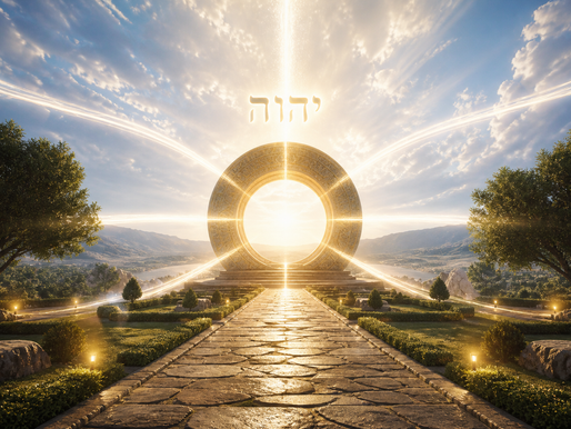 Radiant circular gateway glowing with white and golden light, streams of light converging into it, symbolizing completion, reflection, and divine alignment.