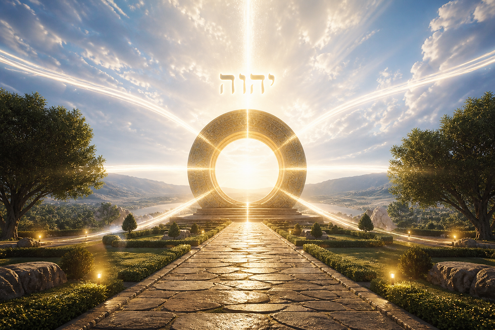 Radiant circular gateway glowing with white and golden light, streams of light converging into it, symbolizing completion, reflection, and divine alignment.