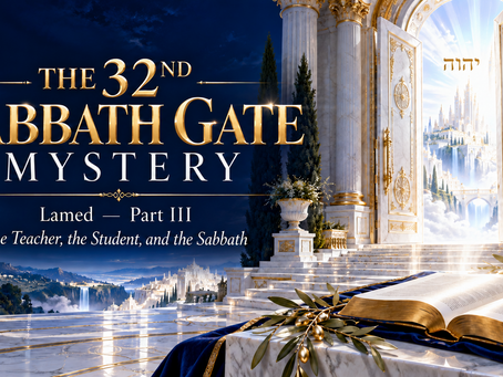 Royal navy and gold banner reading “The 32nd Sabbath Gate Mystery—Lamed, Part III: The Teacher, the Student, and the Sabbath,” with open palace gates, the gold Tetragrammaton above a radiant city, and an open Bible.
