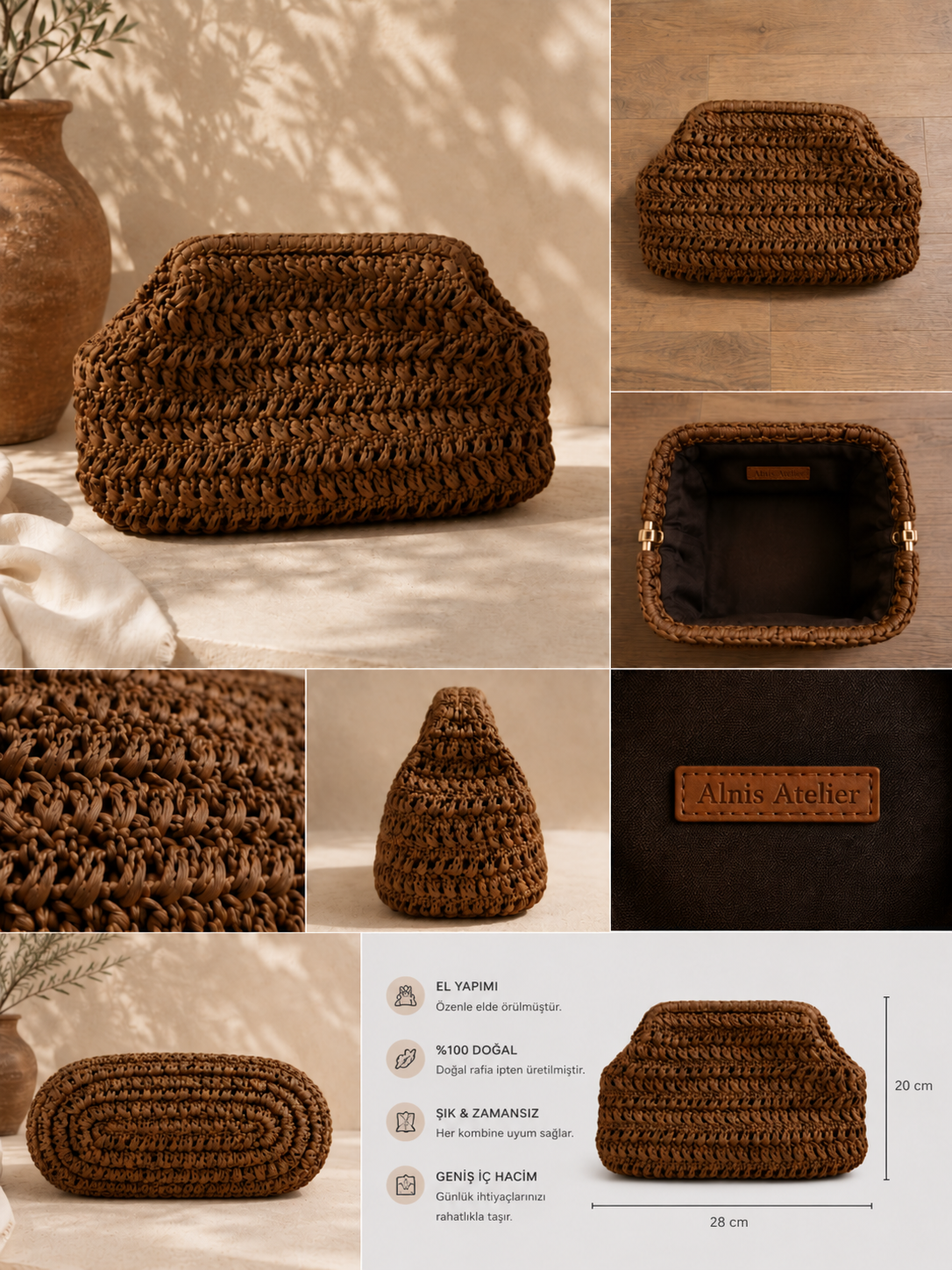 Kahverengi Hasır Çanta | El Örgüsü Clutch Kadın El Çantası | El Yapımı 20x28 cm
