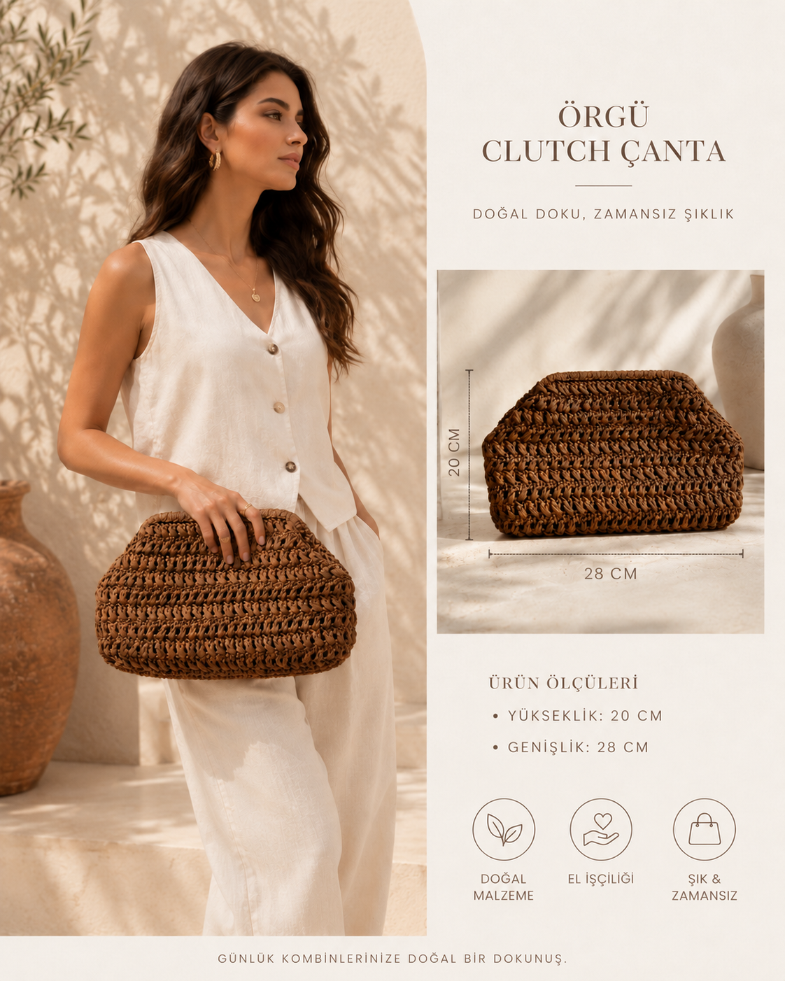 Kahverengi Hasır Çanta | El Örgüsü Clutch Kadın El Çantası | El Yapımı 20x28 cm