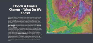 White text on black background "Floods & Climate Change - What Do We Know? Interactive weather map on right in multi-colored layers showing a large storm.