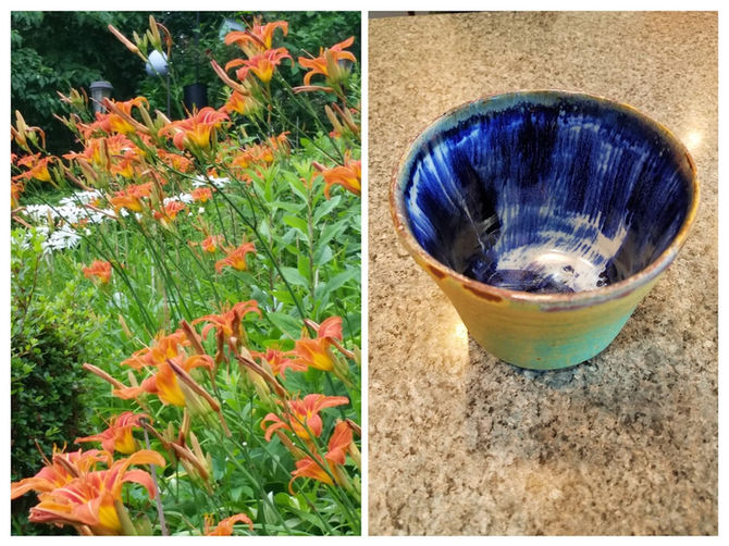 a hillside of tiger lilies in bloom on left and a small ceramic bowl with deep blue glaze inside