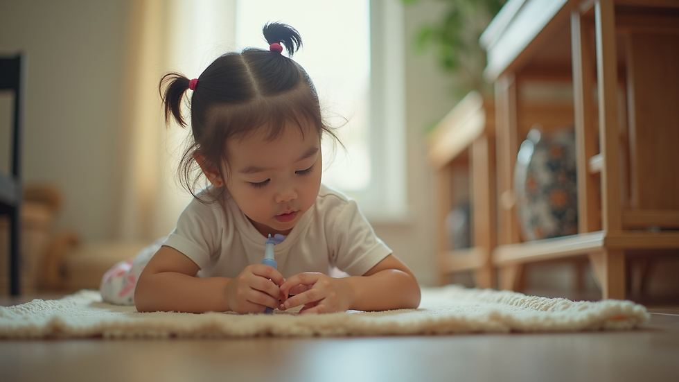 Eye-level view of a child practicing self-care skills