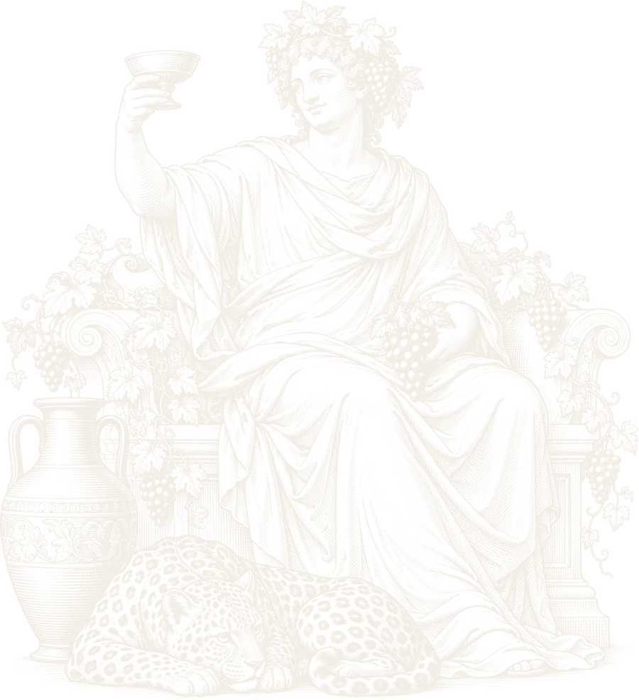 An engraving of Dionysus, god of wine, raising a cup, with a leopard asleep at his feet
