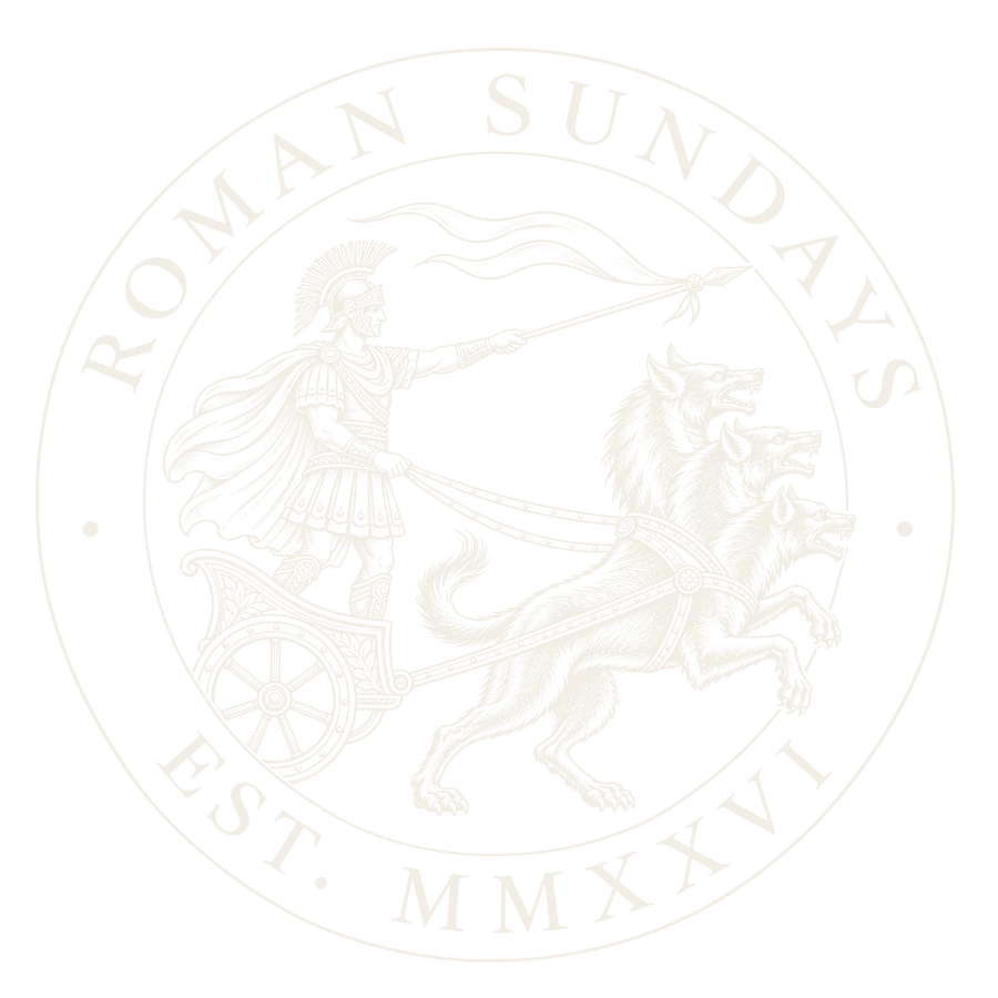 The Roman Sundays seal: a charioteer driven by a three-headed hound, Roman Sundays, Est. MMXXVI