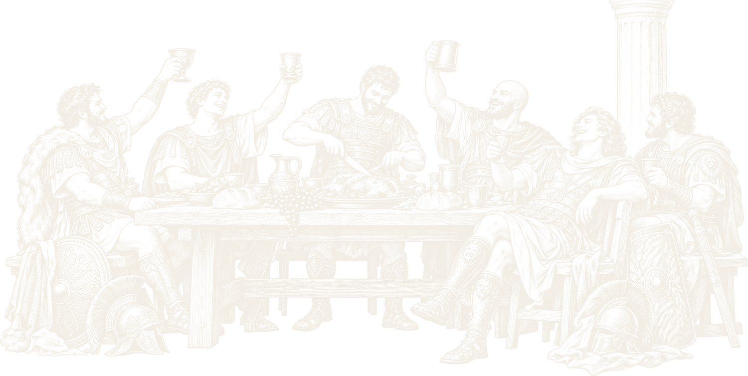 An engraving of Roman gladiators feasting at a long table, raising their cups while one carves the roast