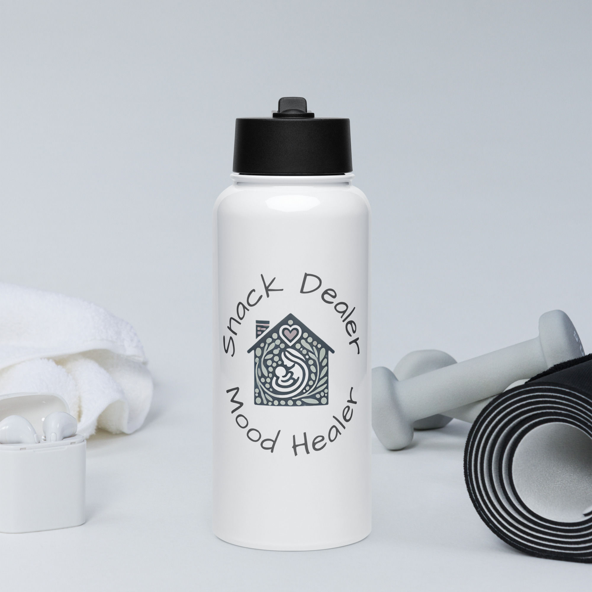 White water bottle with the words "Snack Dealer Mood Healer" and dumbbells.
