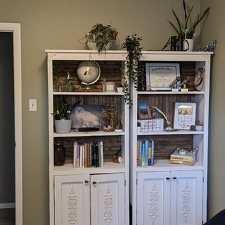 Home office storage and decor with white bookshelves, plants, books, and framed achievements for a work-from-home mom workspace.