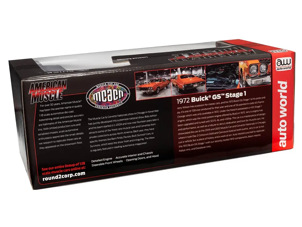 Thumbnail: NEW! 1/18 scale MCACN American Muscle 1972 Buick GS Stage 1 Flame Orange AMM1327