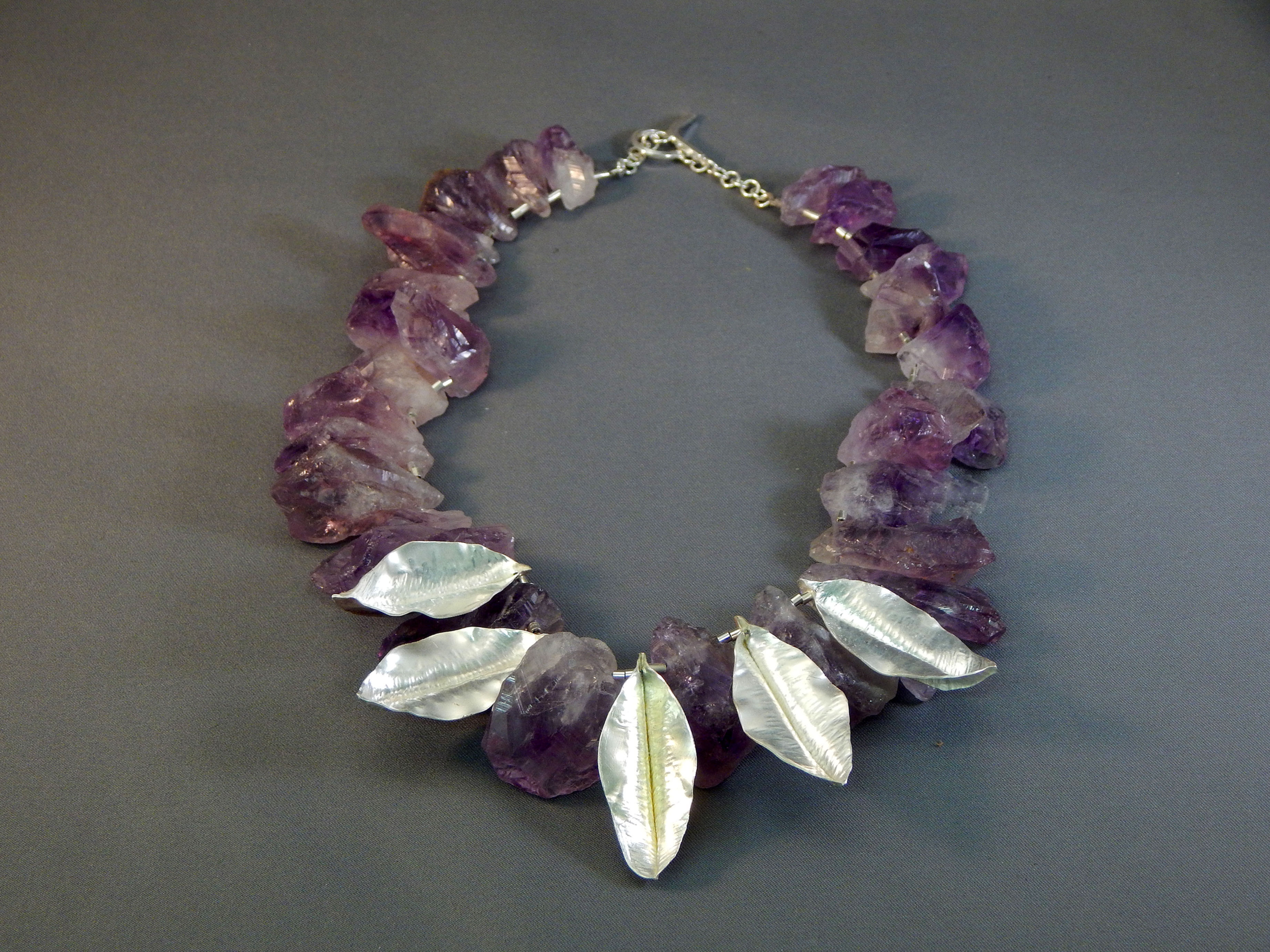 Uncut Amethyst Stones with Fine Silver Leaves