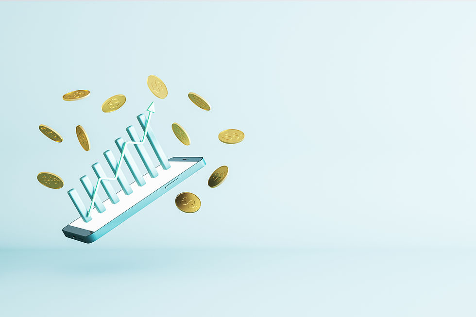 abstract-cellphone-with-creative-business-chart-dollar-coins-light-blue-background-with-mo