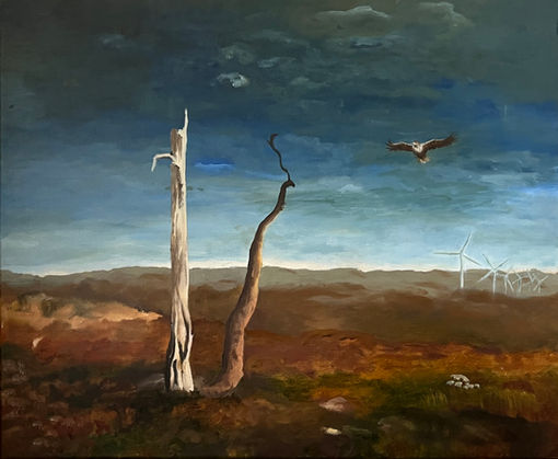 ancient trees, eagle, windmills, landscape