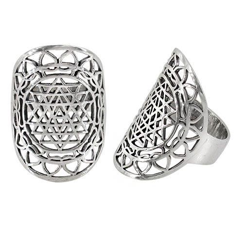 Sterling Silver Sri Yantra Mandala Ring (Size 7)