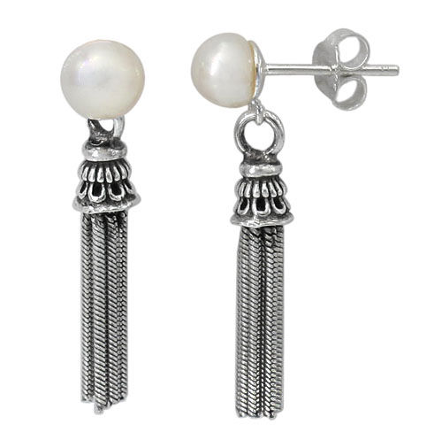 Sterling Silver with Fresh Water Pearl Stud Earrings with Tassels