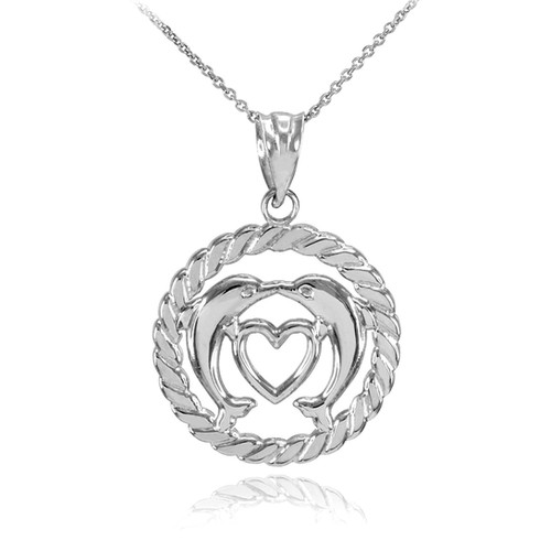 Sterling Silver Heart Kissing Dolphins in Circle Rope Pendant