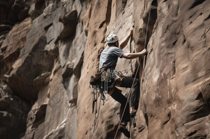 rock-climber-scaling-vertical-wall-with-backpack-ropes-visible-created-with-generative-ai_