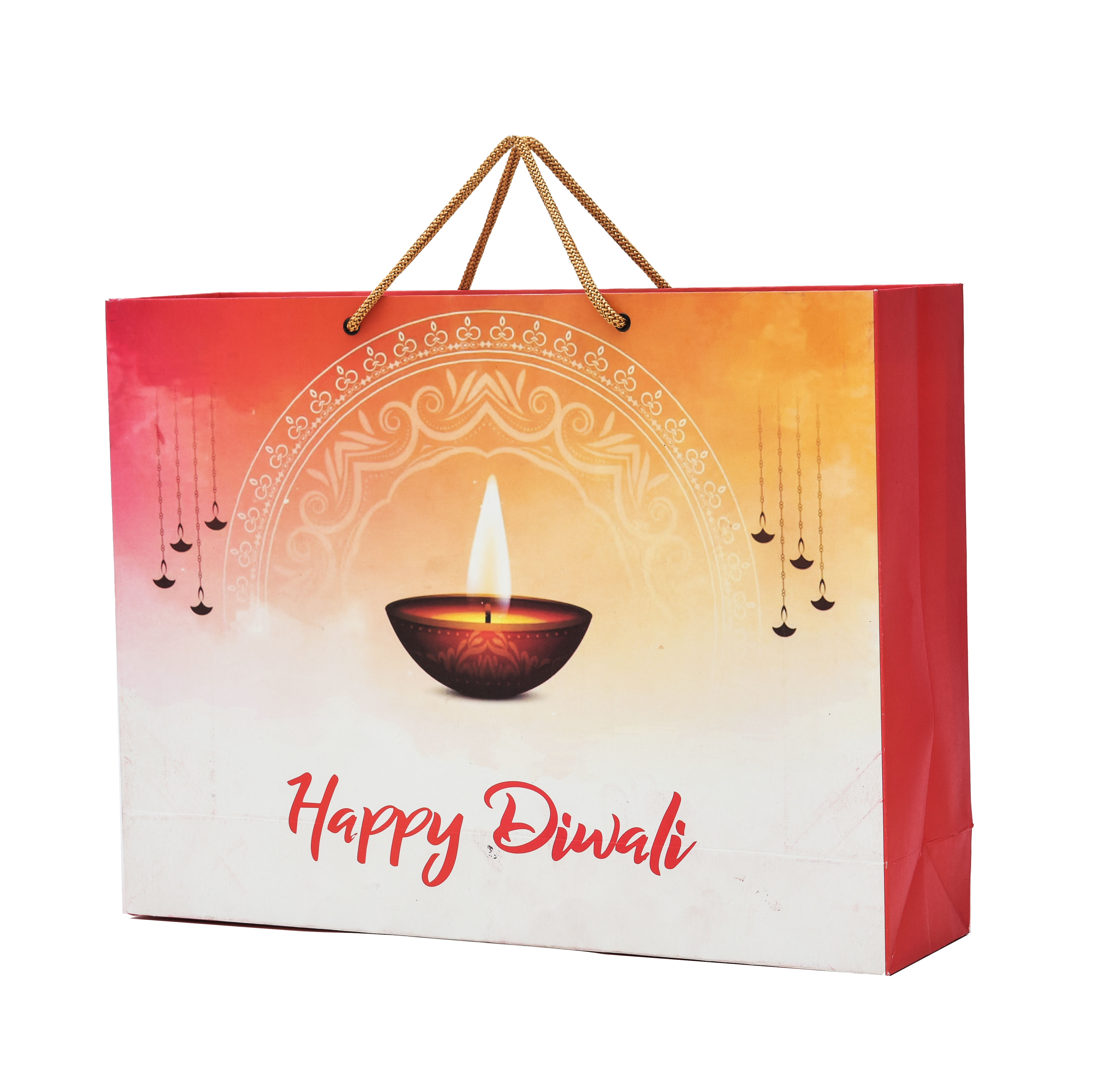 PPJ ® -HAPPY DIWALI (9 DIYAS RED) (10 Pcs.) 16X12X4 INCH PAPER CARRY BAGS