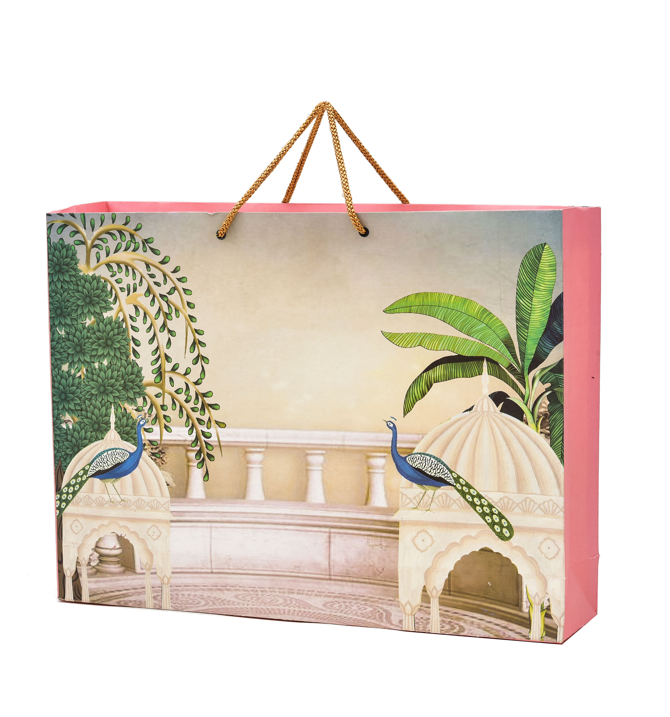 PPJ ® -WEDDING (PEACOCK MAHAL PINK ) (10 Pcs.) 17X13X4 INCH PAPER CARRY BAGS