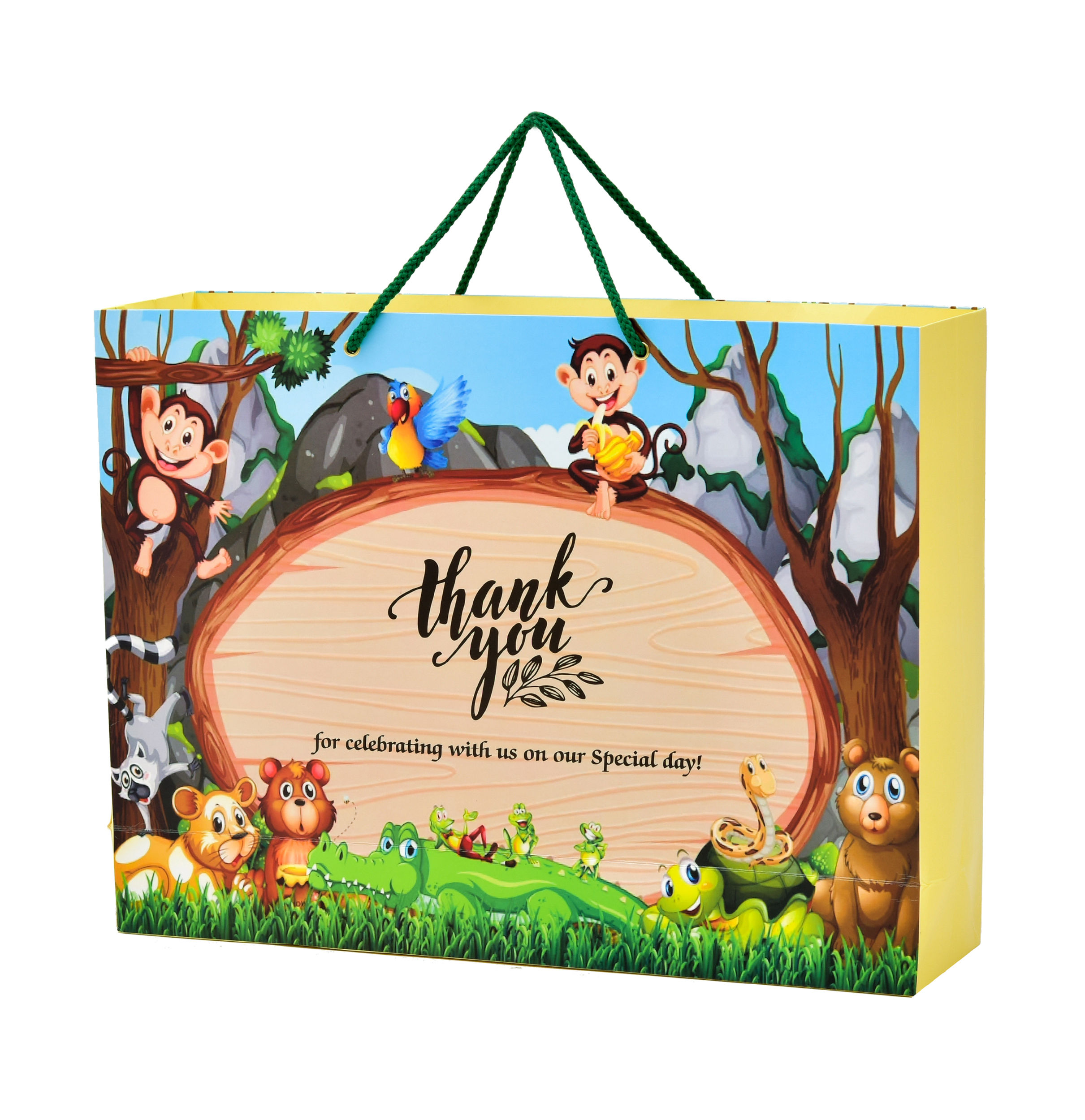 PPJ ® -HAPPY BIRTHDAY (JUNGLE THANKYOU) (10 Pcs.) 16X12X4 INCH PAPER CARRY BAGS