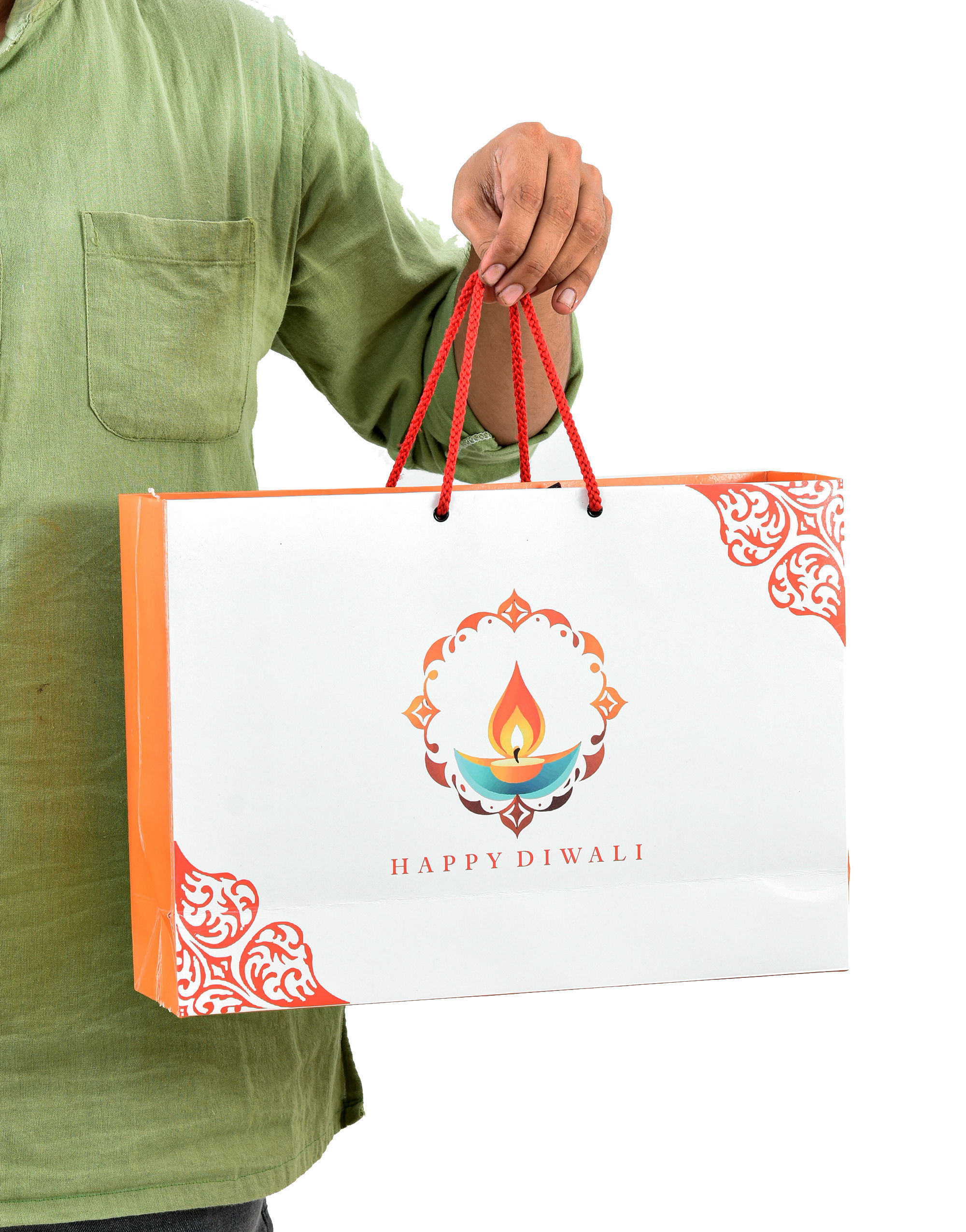 PPJ ® -HAPPY DIWALI (DIYA RANGOLI ORANGE) (10 Pcs.) 10X14X4 INCH PAPER BAGS