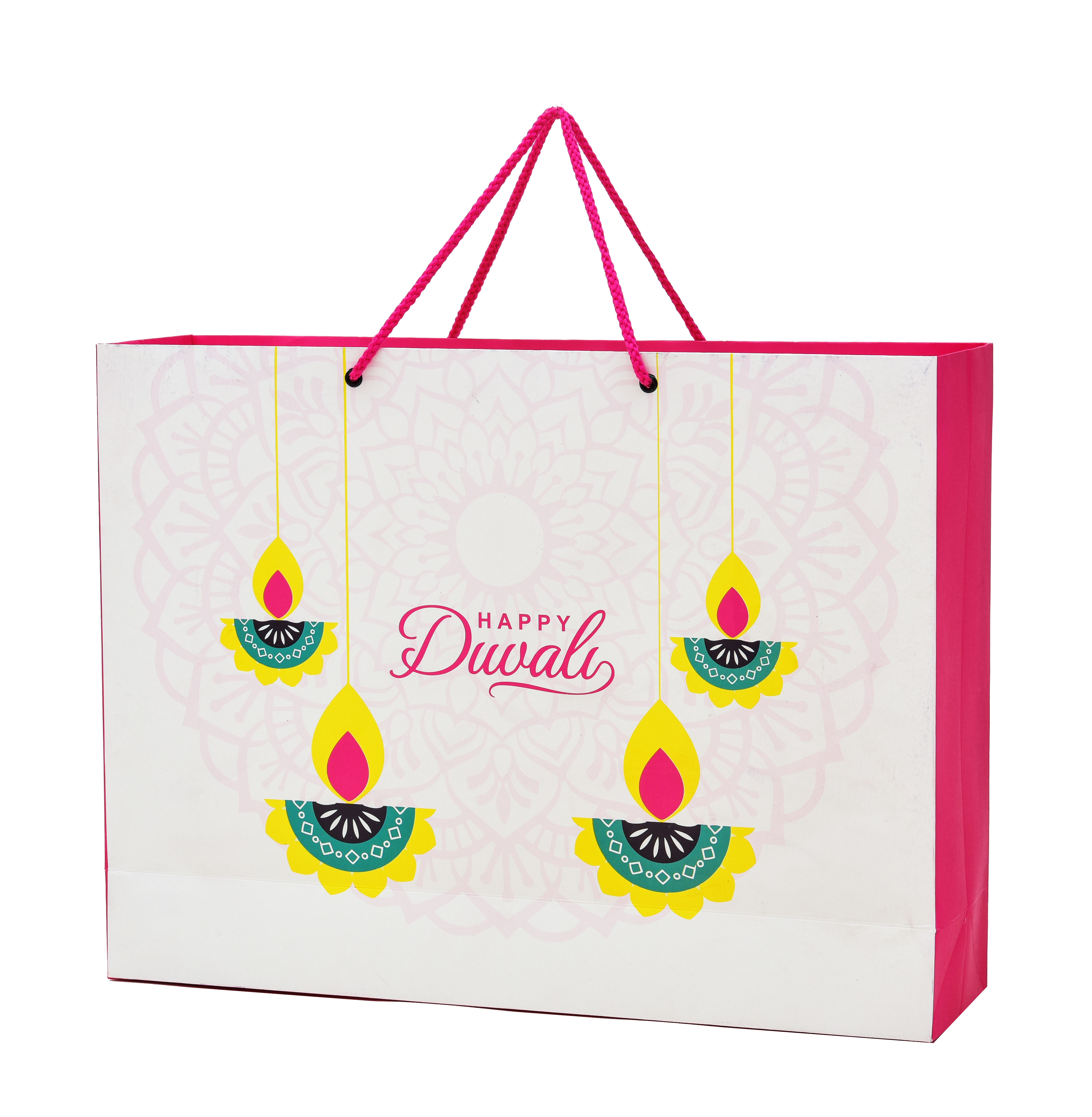 PPJ ® -HAPPY DIWALI (4 DIYAS PINK) (10 Pcs.) 16X12X4 INCH PAPER CARRY BAGS