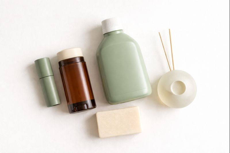 Flat lay of non-toxic, fragrance-free products including deodorant, soap, detergent, and diffuser on a beige background.