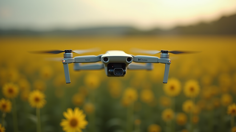 Close-up view of drone flying over a soybean field